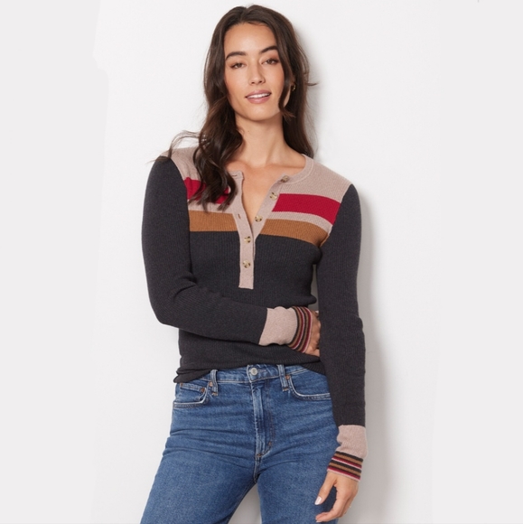 Faherty Tops - Faherty M Mikki Ribbed Henley Striped Long Sleeve Tee Shirt